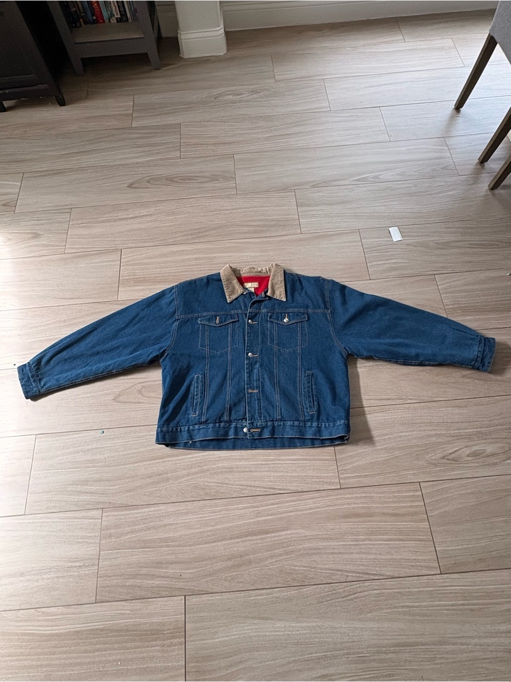 Men's Blue Denim Shirt Jacket with Tan Corduroy Collar